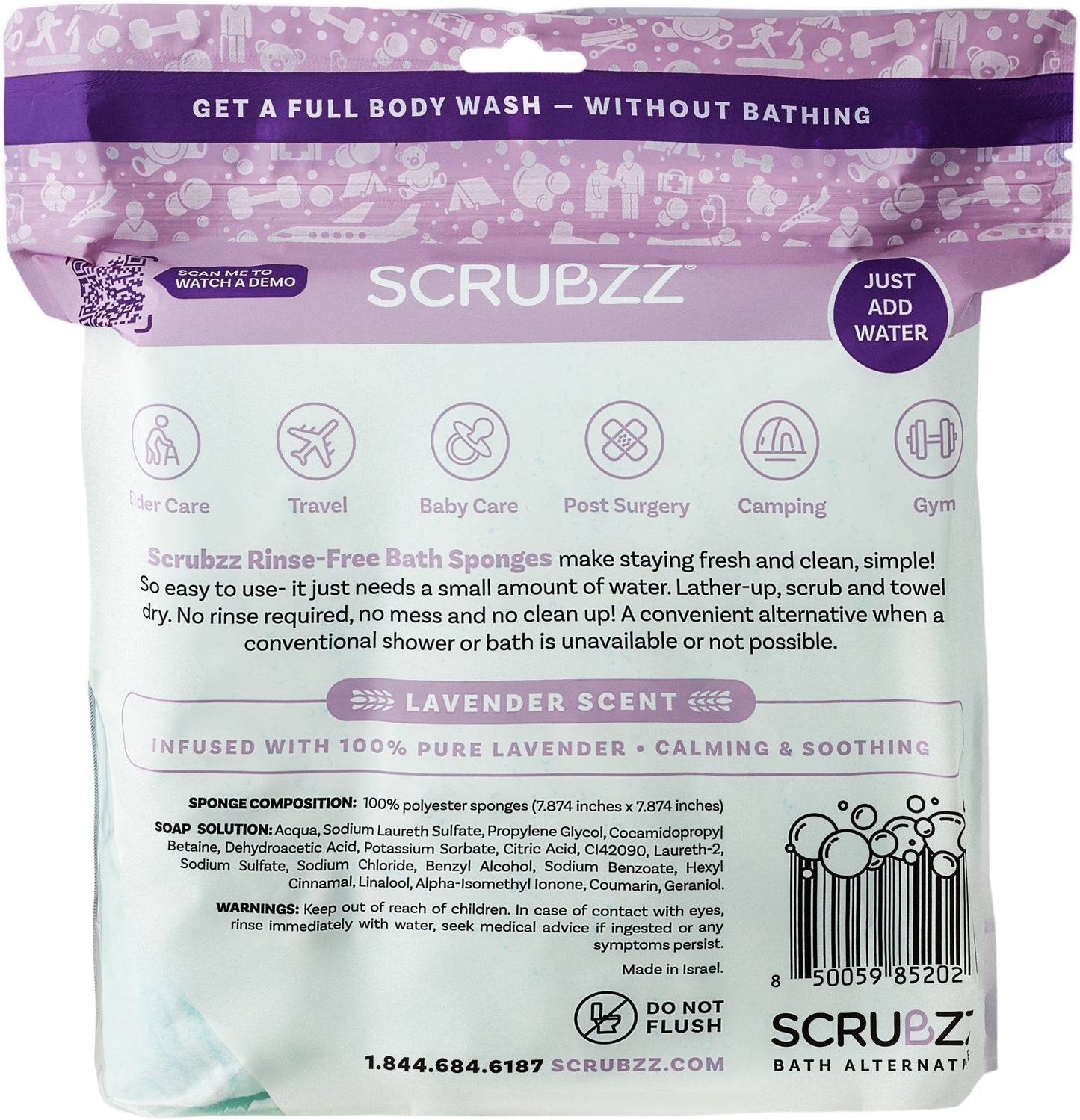 Rinse Free Bath Sponge, No Rinse Bath Wipes, Lavender Scented - 75 Count - 3 Pack