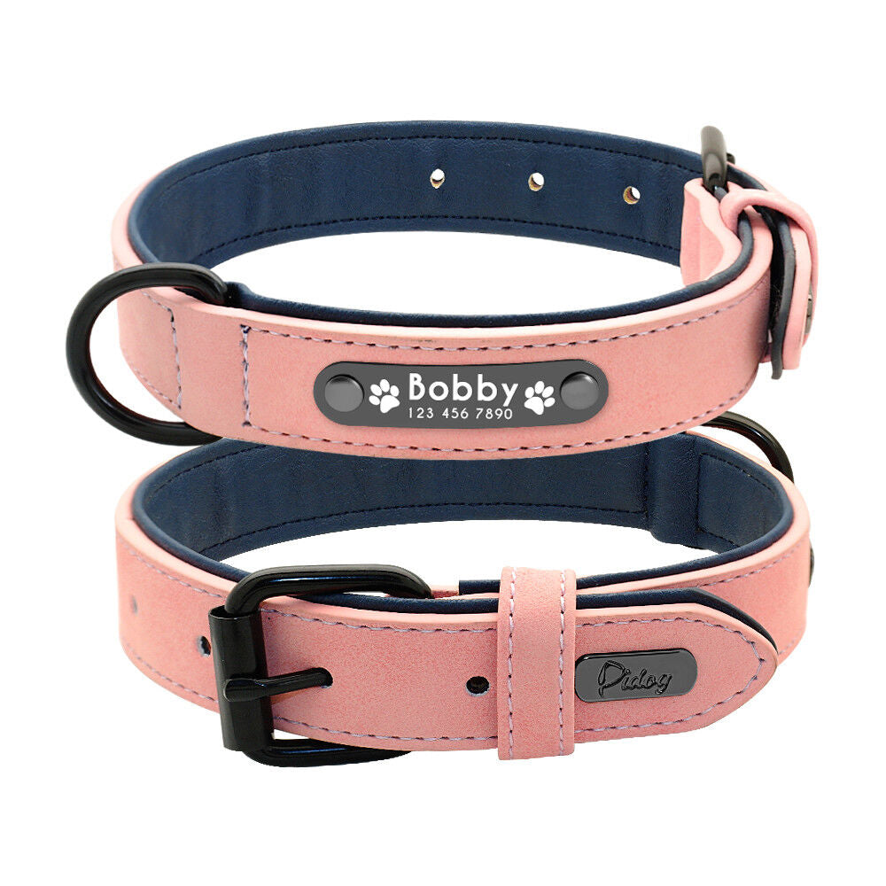 Personalised Dog Collar Soft Leather Collar Free Engraved ID Tag for Pets S-XL