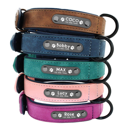 Leather Personalised Dog Collar Soft Padded Custom Engraved Pet Name ID Tag