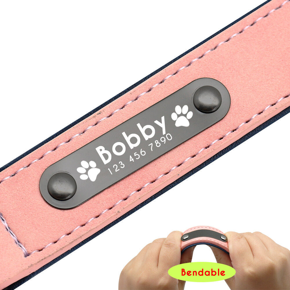 Personalised Dog Collar Soft Leather Collar Free Engraved ID Tag for Pets S-XL