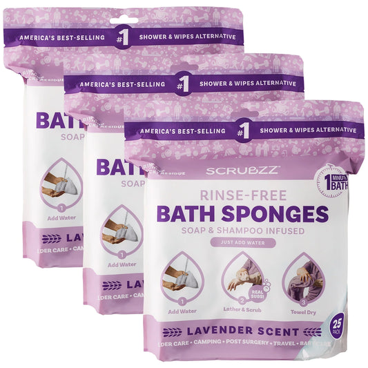 Rinse Free Bath Sponge, No Rinse Bath Wipes, Lavender Scented - 75 Count - 3 Pack