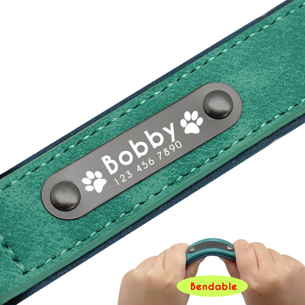 Personalised Dog Collar Soft Leather Collar Free Engraved ID Tag for Pets S-XL